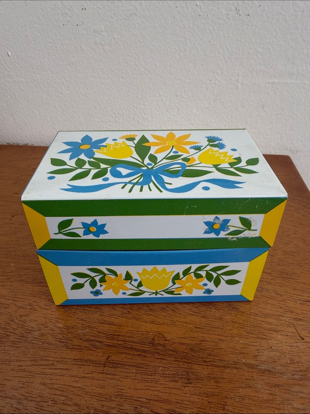Vintage Flower Floral Recipe Box Syndicate Mfg Co Blue Green Yellow